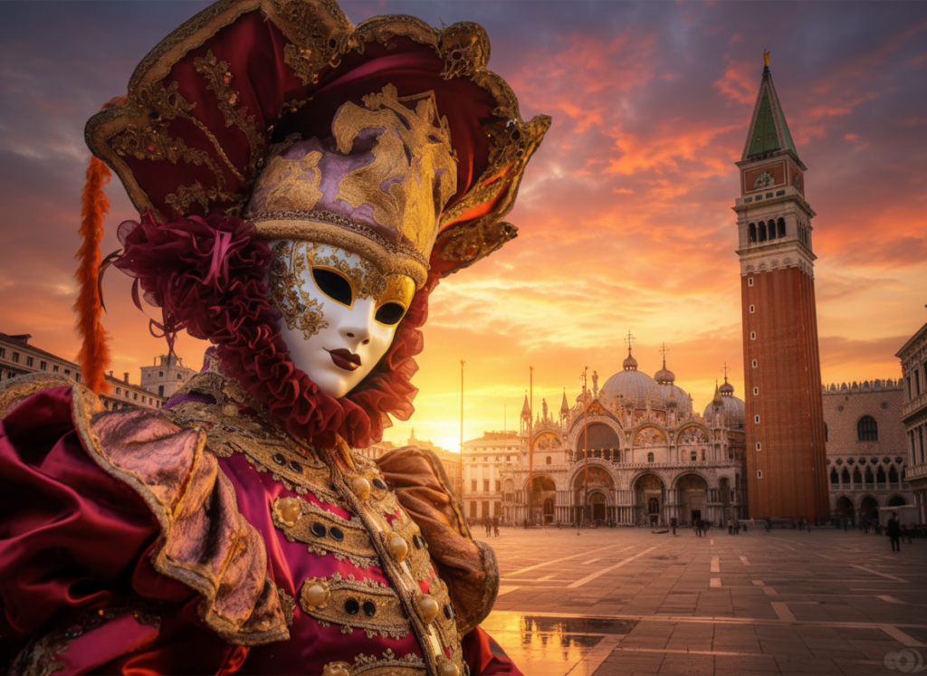 Masks of the Venice Carnival with a view of the Grand Canal – stay near Venice at Residence Le Dune in Cavallino Treporti
