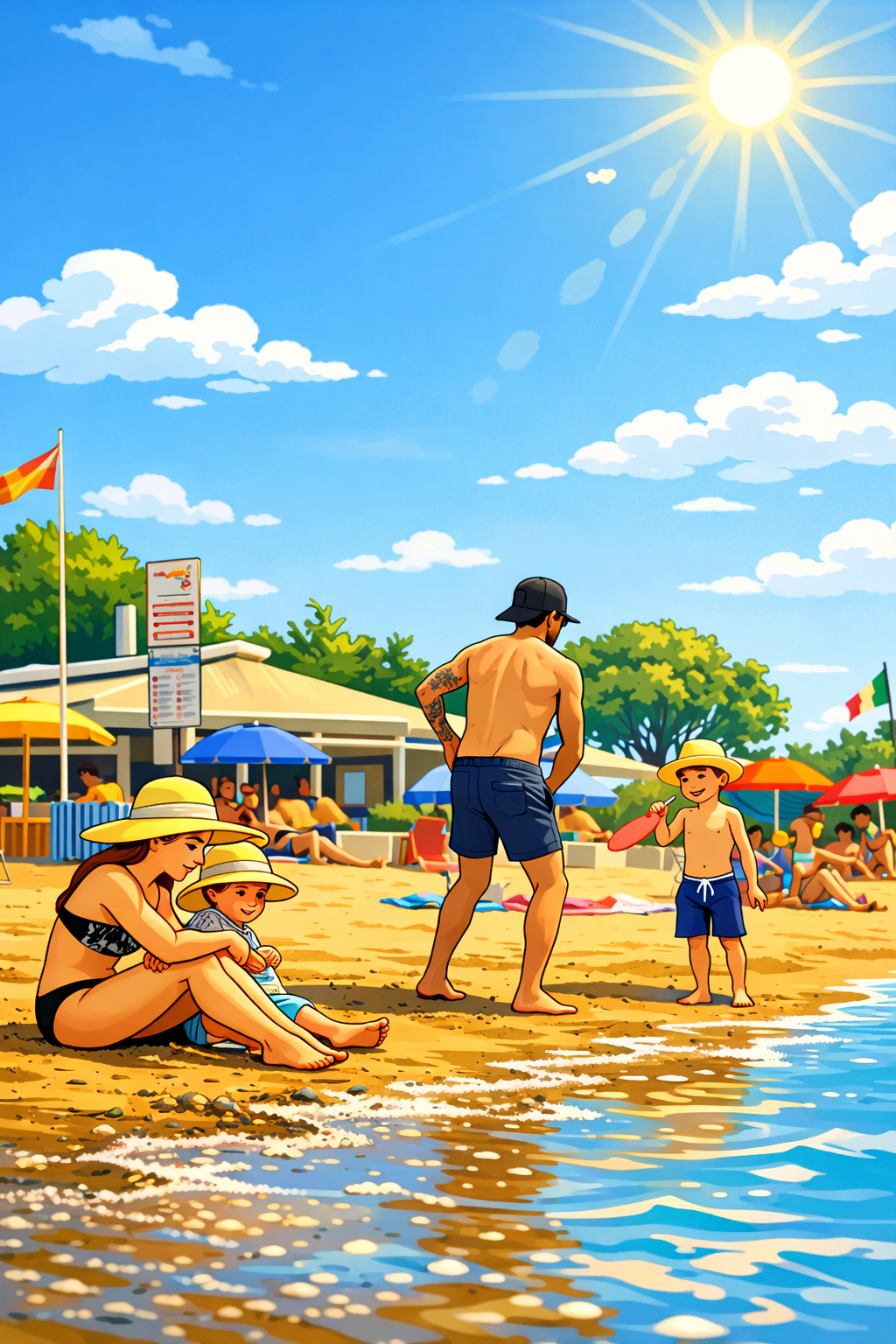 Famiglia in spiaggia davanti al Residence Le Dune, vacanza estiva sul mare a Cavallino Treporti